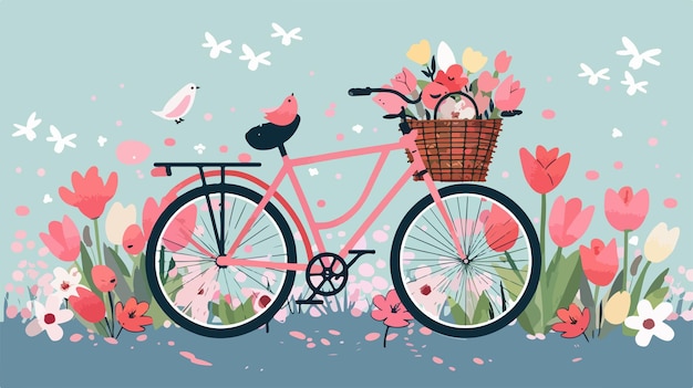 Vector a bicycle with a basket full of flowers and birds