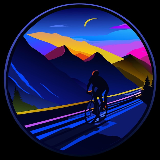 Vector bicyclist in the distance on an open road thru the mountains vector illustration