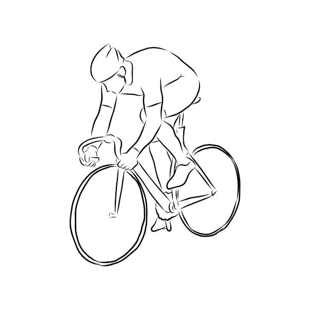 Bicyclist rider man with bike isolated on background, vector illustration, hand drawn, sketch