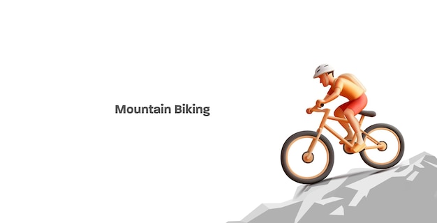 Bicyclist traveler with backpack riding a bike on mountain 3d render illustration