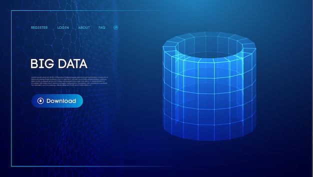 Bid data blue background Wireframe cylinder vector Network connection