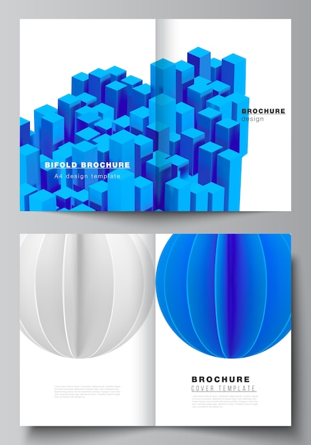 bifold brochure design,  3d render   composition with dynamic realistic geometric blue shapes in motion.