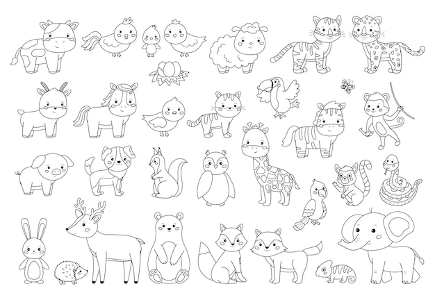 Big animals set for coloring book. Outline   illustration for children. Farm, forest and jungle animals.