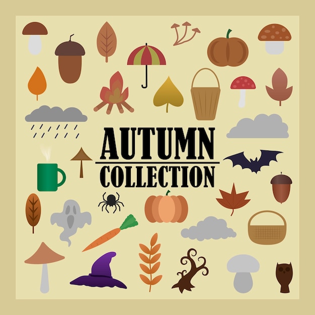 Big autumn collection. Mushrooms, pumpkins, foliage. Vector illustration