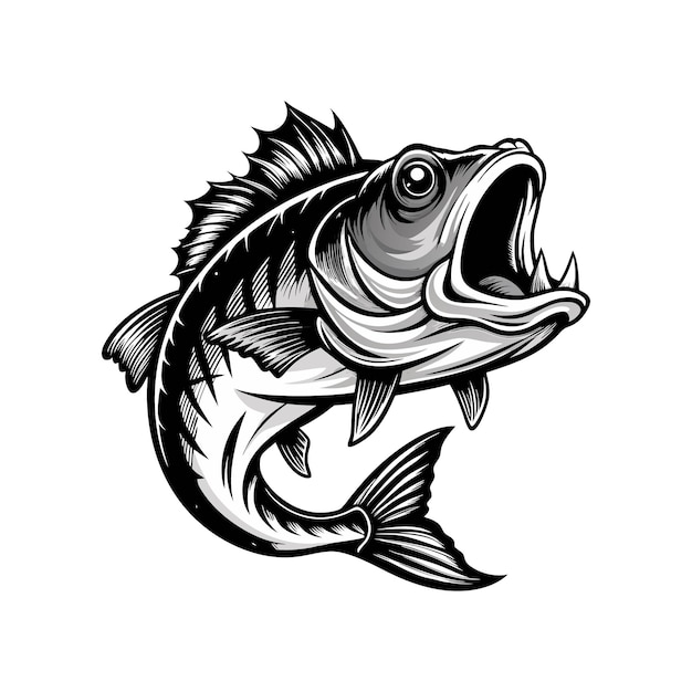 Big bass fish vector logo for t shirt designstylized black fish is depicted midjump above stylized