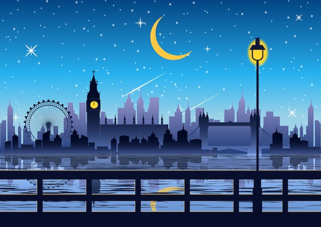 Big Ben clock famous landmark of England Londonnight scenesilhouette stylevector illustration