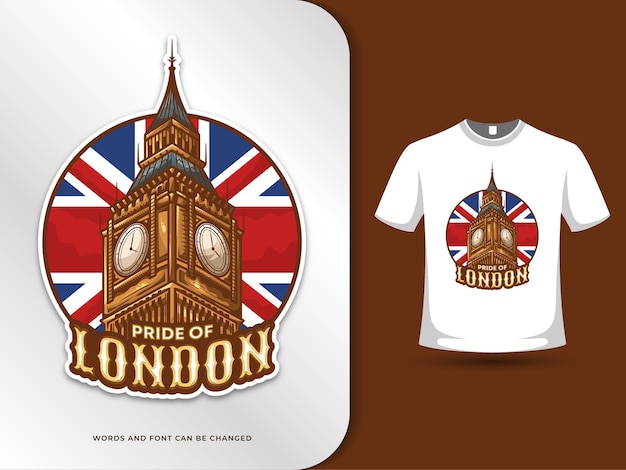 Big ben london landmarks and flag of united kingdom illustration with t-shirt design template