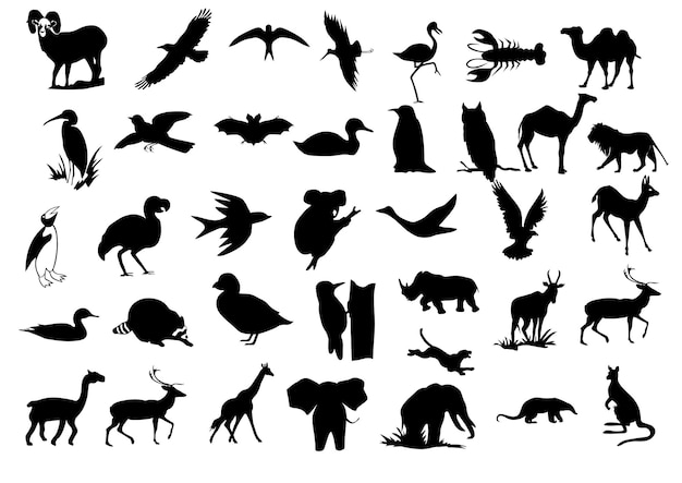 Big black and white set of cute cartoon animals vector