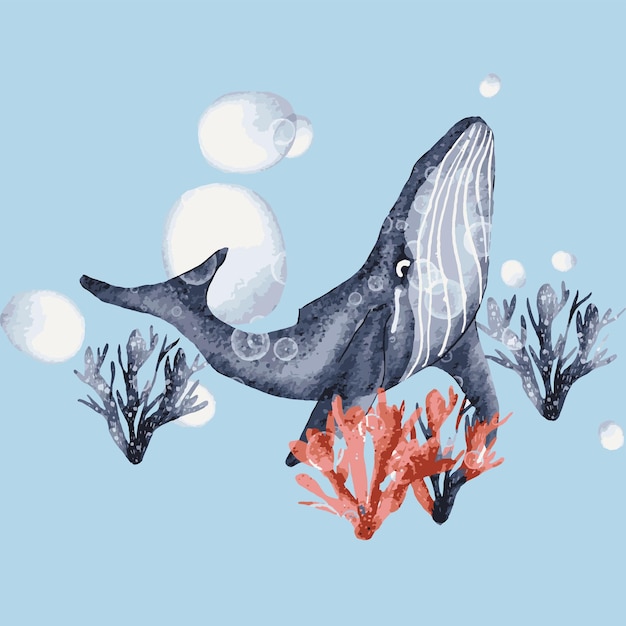 Vector big blue whale handdrawn watercolor illustration