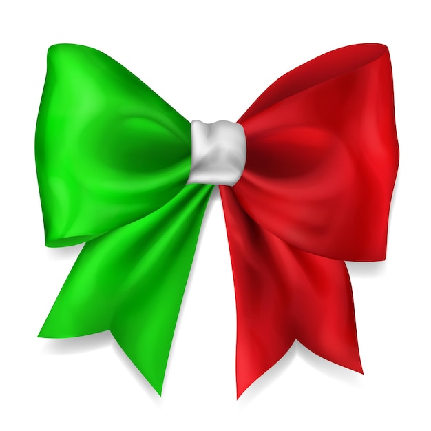 Big bow made of ribbon in Italy flag colors with shadow on white background