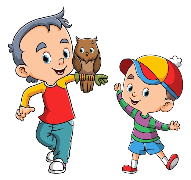 The big brother and little boy is playing with the owl of illustration