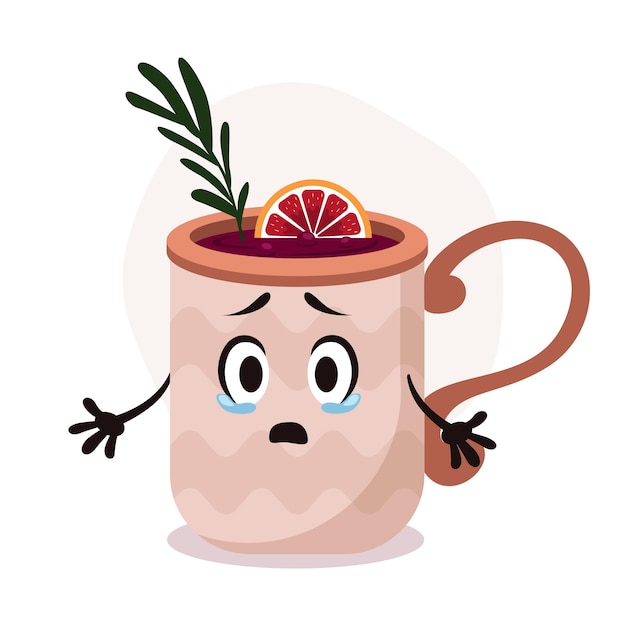 Big brown cup with hot drink Mulled wine with rosemary and orange Funny cartoon mug character with sad face and hands