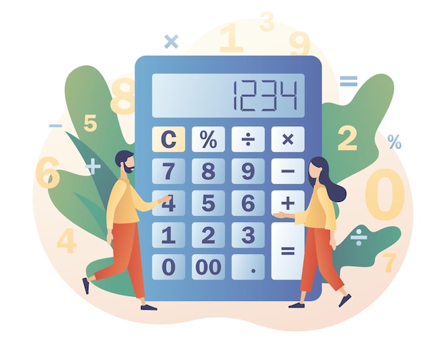 Big calculator and tiny people with calculating Accounting financial analytics bookkeeping