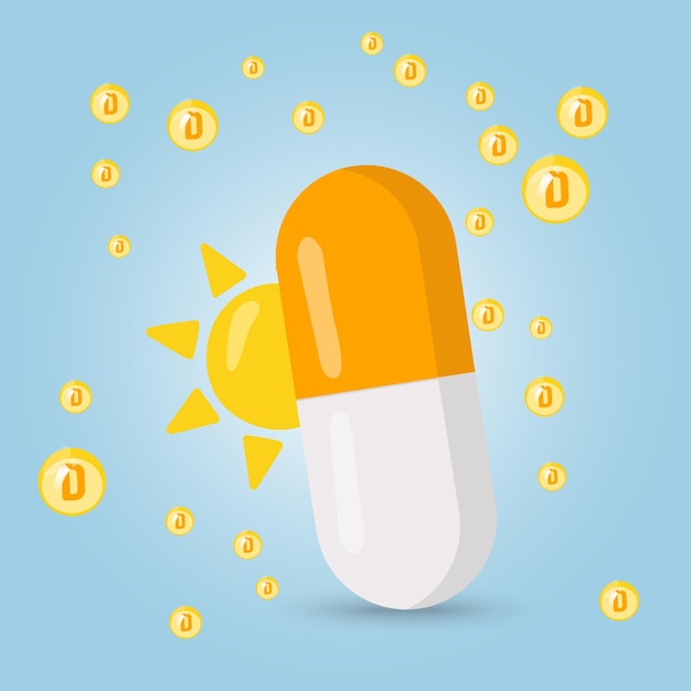 big capsule of vitamin D and sun in vector illustration