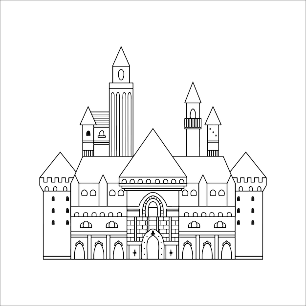 Big Castle lineart for kids princess fairytale coloring book, playground wallpaper, birthday drawing