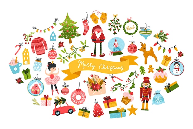 Big Christmas greeting with cute characters and festive elements in oval shape. childish hand-drawn Scandinavian style with lettering.