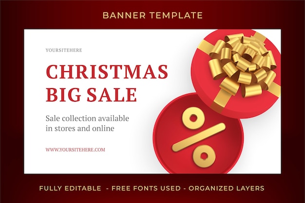 Big Christmas sale premium web banner template open red gift box percentage 3d icon vector