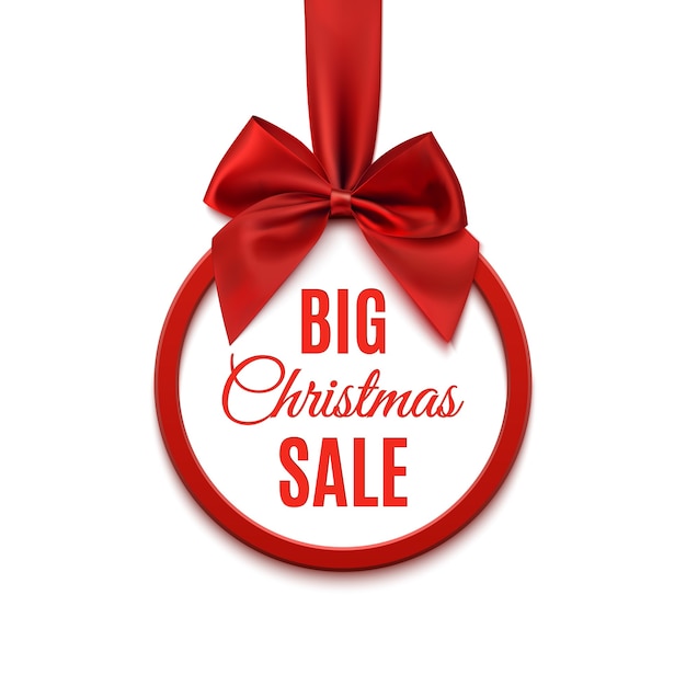 Big Christmas sale, round banner with red ribbon and bow, isolated on white background. 