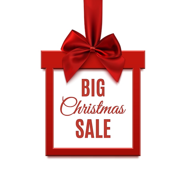 Big Christmas sale, square banner in form of gift with red ribbon and bow, isolated on white background. Brochure, greeting card or banner template. 