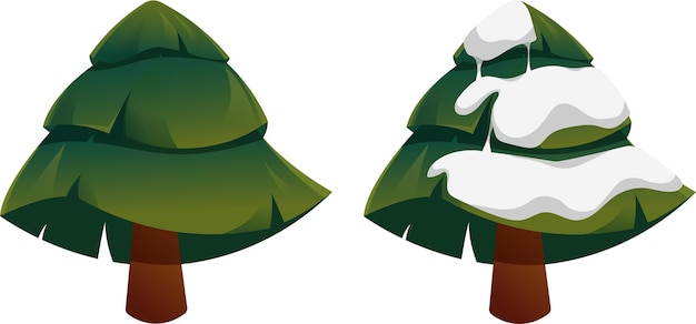 Big Christmas tree in cartoon style with and without snow isolated