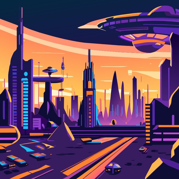 Vector big city of the future retro futurism landscape clear sky vector illustration