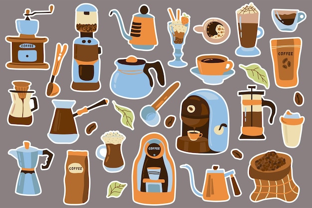 Big coffee sticker set Vector illustration