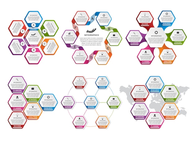 Big collection of colorful hexagon for infographics. 