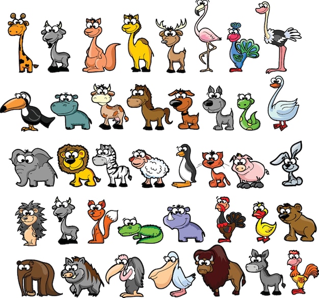 Big collection of cute cartoon animalsbirds and sea creatures of the worldBig fauna of the world icon setVector illustration isolated on white