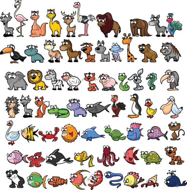 Big collection of cute cartoon animalsbirds and sea creatures of the worldBig fauna of the world icon setVector illustration isolated on white