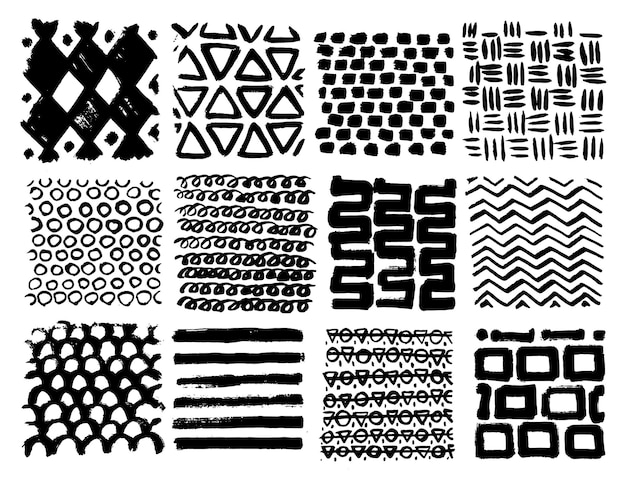 Big collection of different homemade textures made by ink on white background