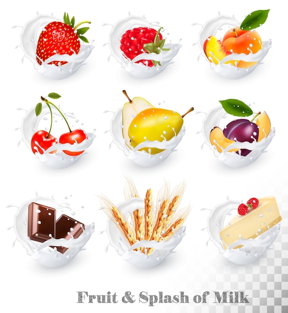 Big collection of fruit in a milk splash. Strawberry, raspberry, plum, pear, peach, cherry, chocolate, cheesecake,  wheat ears. Vector Set 16.