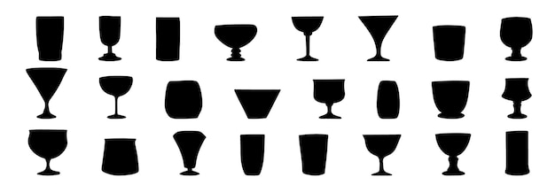 Big collection of glasses silhouette Hand drawn glass silhouette isolated on white background