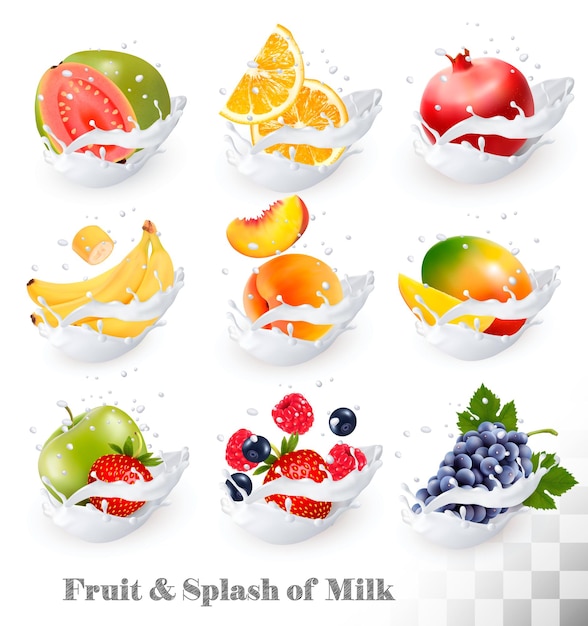 Big collection icons of fruit in a milk splash. Guava, banana, orange, apple, grapes, strawberry, pomegranate, peach, mango.  Set