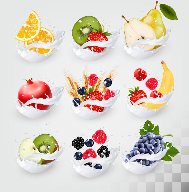 Big collection icons of fruit in a milk splash. Raspberry, strawberry, apple, blackberry, blueberry, banana, orange, wheat, pear, grapes, kiwi, pomegranate. Vector Set 4.