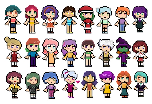 Big collection of pixel female characters different design