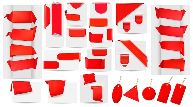 Big collection of red origami paper banners and stickers and labels