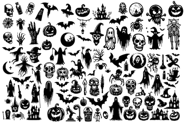 Big collection of silhouettes of Halloween Horror set of Halloween sticker sketch set Hand drawn d