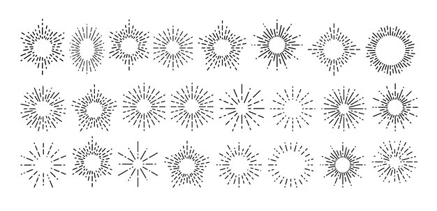 Big collection of trendy hand drawn retro sunburst or bursting rays design elements