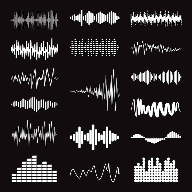 Big collection white music wave on black background Vector set of isolated audio logos pulse players equalizer symbols sound design elements