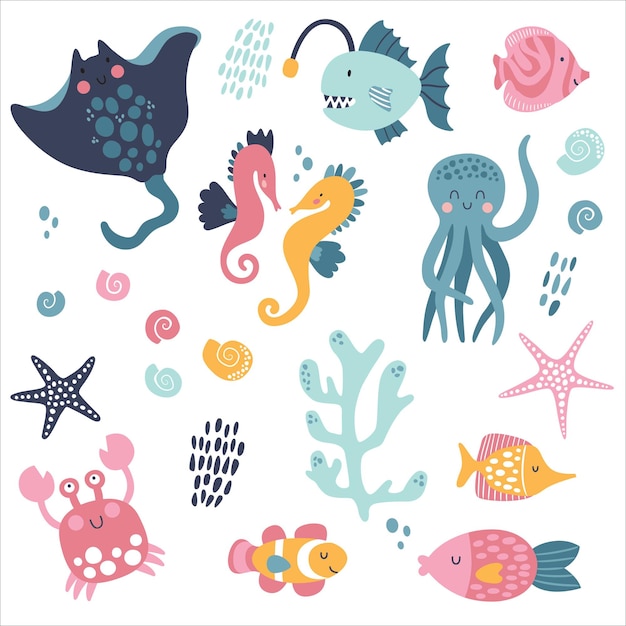 Big creative nautical with marine inhabitants. Jellyfish, octopus, ramp, clown fish, crab, sea horse .