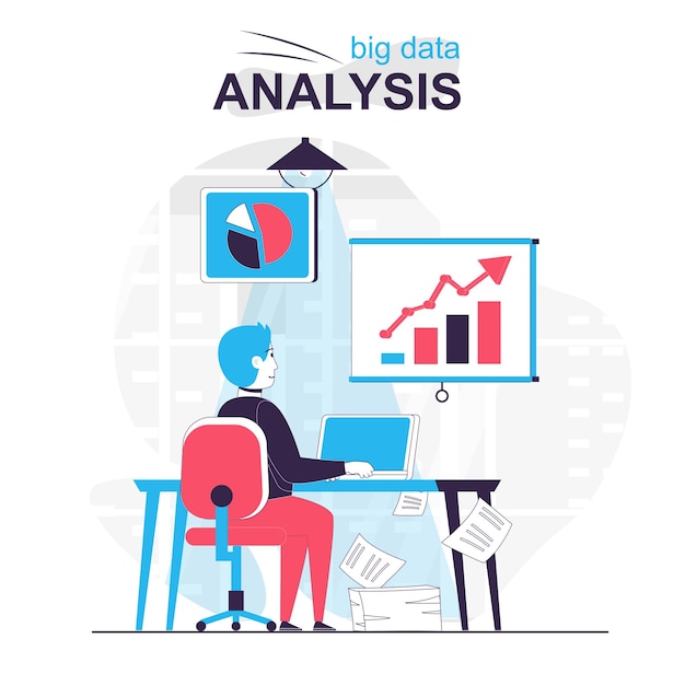 Big data analysis isolated cartoon concept Analyst works with graphs and charts at office