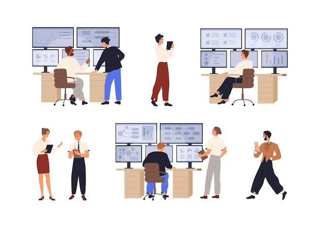 Big data analysis, science. Database information control, management, monitor and analytics concept. People work at multiple screen computer set. Flat vector illustrations isolated on white background