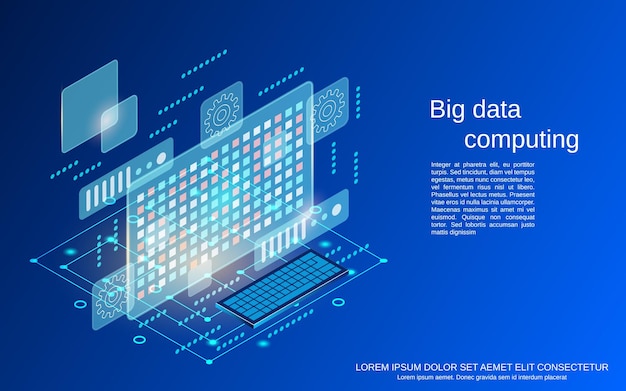 Big data computing, information analyzing flat 3d isometric vector concept illustration