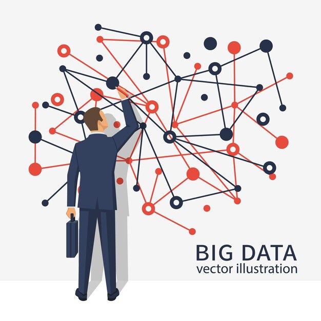 Vector big data concept businessman with briefcase standing about wall with diagram of data futuristic infographic network information modern digital technologies visualization research statistics