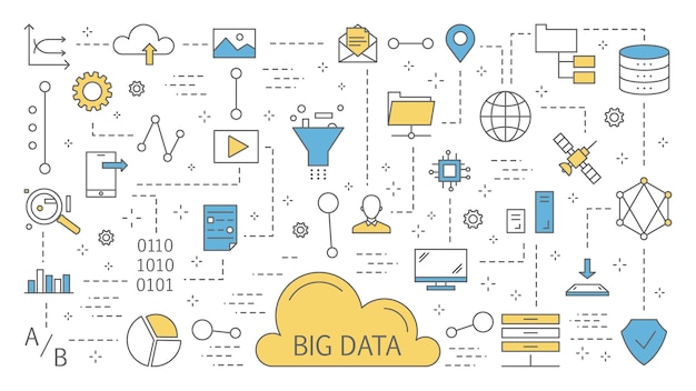 Big data concept. Modern computer technology. Analyzing digital information from the internet and making better business decisions. Line icon set.   illustration