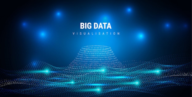 Big data. Futuristic info graphics aesthetic design. Visual information complexity. Intricate data threads plot. Business analytics representation. wave points fractal grid. Sound visualization.