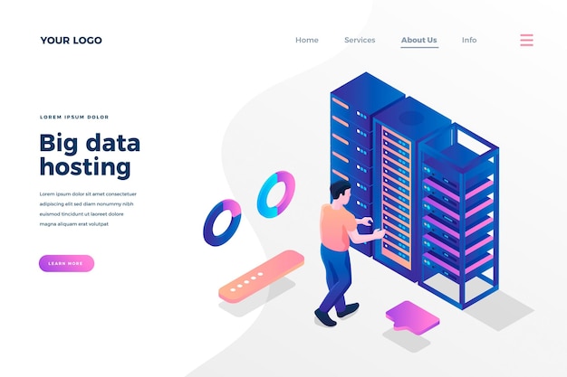 Big data hosting isometric landing page template Male engineer examining server cartoon character Datacenter technical support worker Information database storage promo webpage design layout