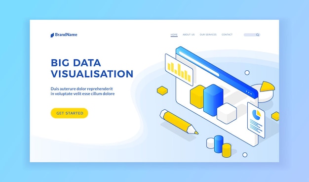 Big data visualization. Isometric vector illustration of website with graphs on advertisement banner. Advanced analytics, research, audit, artificial Intelligence, planning. landing page template