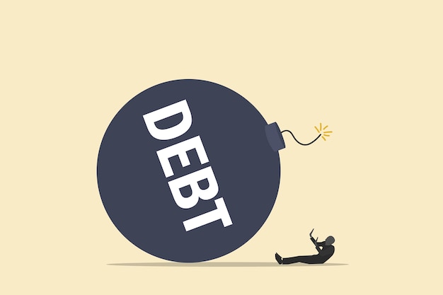 Big debt trying to explode on small worker or businessman concept of Debt and loan problem financial mistake bankruptcy stress