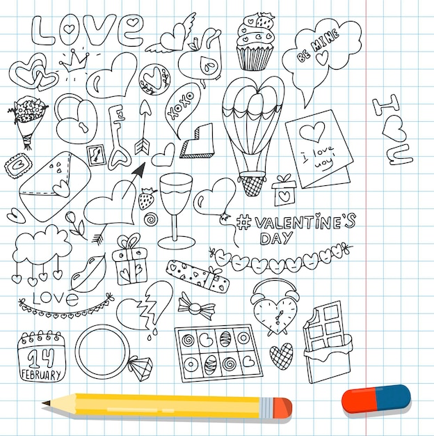 Big doodle set of icons for valentine s day vector illustration for the holiday on february  hand dr...